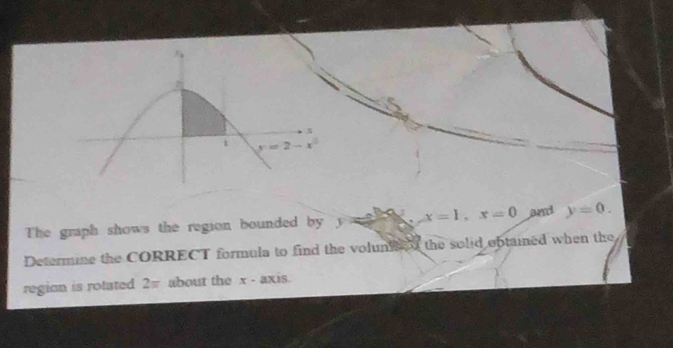 5
x=1,x=0 and
The graph shows the region bounded by y y=0.
Determine the CORRECT formula to find the volune   the solid obtained when the
region is rotated 2π about the x - axis.