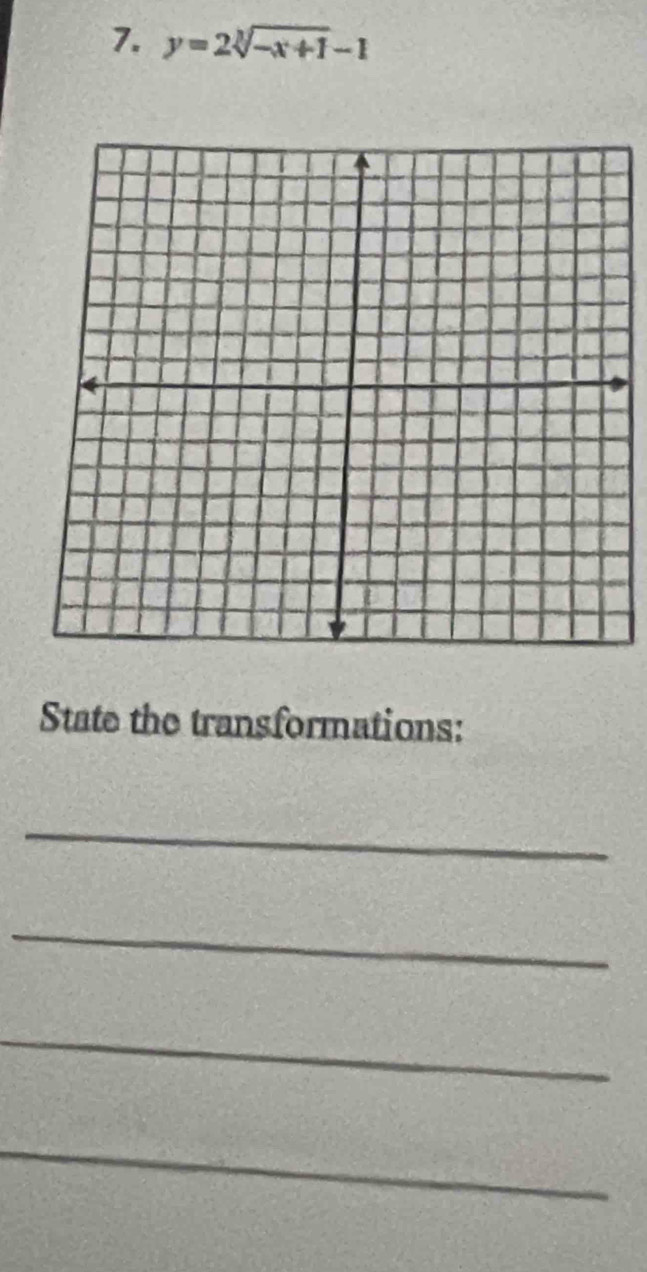 y=2sqrt[3](-x+1)-1
State the transformations: 
_ 
_ 
_ 
_