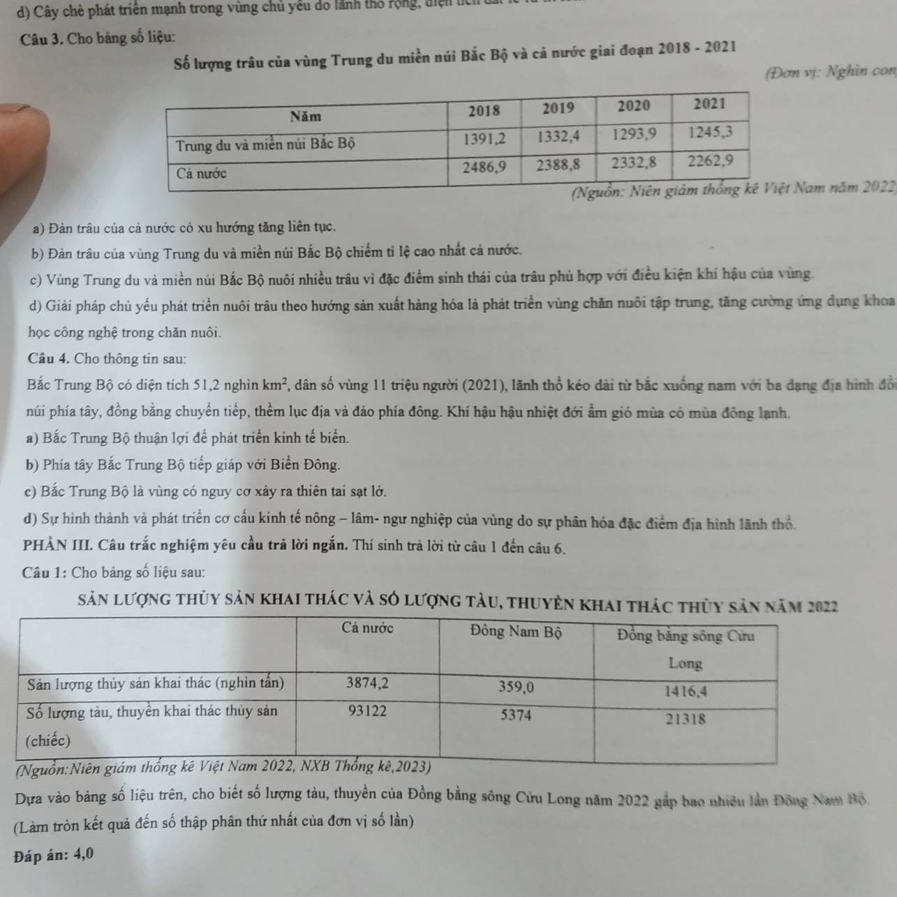 d) Cây chẻ phát triên mạnh trong vùng chủ yêu do lãnh thỏ rộng, điện lích
Câu 3. Cho bảng số liệu:
Số lượng trâu của vùng Trung du miền núi Bắc Bộ và cả nước giai đoạn 2018 - 2021
(Đơn vị: Nghìn con
Nam năm 2022
a) Đàn trâu của cả nước có xu hướng tăng liên tục.
b) Đản trâu của vùng Trung du và miền núi Bắc Bộ chiếm tỉ lệ cao nhất cả nước.
c) Vùng Trung du và miền núi Bắc Bộ nuôi nhiều trâu vì đặc điểm sinh thái của trâu phủ hợp với điều kiện khí hậu của vùng.
d) Giải pháp chủ yếu phát triển nuôi trâu theo hướng sản xuất hàng hóa là phát triển vùng chăn nuôi tập trung, tăng cường ứng dụng khoa
học công nghệ trong chăn nuôi.
Câu 4. Cho thông tin sau:
Bắc Trung Bộ có diện tích 51,2 nghìn km^2 , dân số vùng 11 triệu người (2021), lãnh thổ kéo dài từ bắc xuống nam với ba dạng địa hình đổi
núi phía tây, đồng bằng chuyển tiếp, thềm lục địa và đảo phía đông. Khí hậu hậu nhiệt đới ẩm gió mùa có mùa đồng lạnh.
a) Bắc Trung Bộ thuận lợi để phát triển kinh tế biển.
b) Phía tây Bắc Trung Bộ tiếp giáp với Biển Đông.
c) Bắc Trung Bộ là vùng có nguy cơ xảy ra thiên tai sạt lở.
d) Sự hình thành và phát triển cơ cấu kinh tế nông - lâm- ngư nghiệp của vùng do sự phân hóa đặc điểm địa hình lãnh thổ.
PHẢN III. Câu trắc nghiệm yêu cầu trả lời ngắn. Thí sinh trả lời từ câu 1 đến câu 6.
Câu 1: Cho bảng số liệu sau:
sản lượng thủy sản khai thác và số lượng tàu, thuyền khai thác thủy sản năm 2022
Dựa vào bảng số liệu trên, cho biết số lượng tàu, thuyền của Đồng bằng sông Cửu Long năm 2022 gắp bao nhiều lần Đông Nam Boverline O
(Làm tròn kết quả đến số thập phân thứ nhất của đơn vị số lần)
Đáp án: 4,0