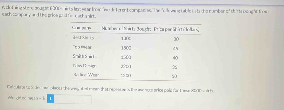 A clothing store bought 8000 shirts last year from five different companies. The following table lists the number of shirts bought from 
each company and the price paid for each shirt. 
Calculate to 2 decimal places the weighted mean that represents the average price paid for these 8000 shirts. 
Weighted mean = $ i