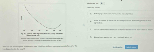 Elimination Teol
. Select one anower
.
A_ hative populations were-never used an plantation labor.

B Areas hit hardest by the decline of mative populations did not engage in glantation
agriculture.
.
- - - - C African slaves shared immunities to Old'World diseases with their European masters.
Fige. P-1. American Inalian Pupulation Dalline and Resmery in the United
American Indlus Holocaat and SurvivalA Papulation history Since 1492 D Plantation economies were more medically advanced.
iusseil Thoroton, University of Okahama Press, 1987, pp. vvil
trend described in the graph? Which of the following best explains why New World plantation economies were not affected by the Navi Question Subeft anree!