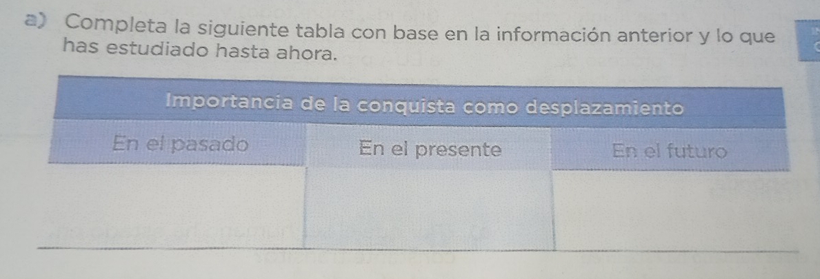 Completa la siguiente tabla con base en la información anterior y lo que 
has estudiado hasta ahora.