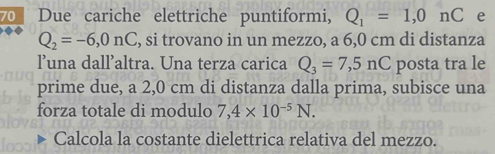 Due cariche elettriche puntiformi, Q_1=1,0nC e
Q_2=-6,0nC , si trovano in un mezzo, a 6,0 cm di distanza 
l’una dall’altra. Una terza carica Q_3=7,5nC posta tra le 
prime due, a 2,0 cm di distanza dalla prima, subisce una 
forza totale di modulo 7,4* 10^(-5)N. 
Calcola la costante dielettrica relativa del mezzo.