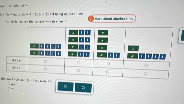 swer the parts below.
(a) We want to show 4+2x and 2x+4 using algebra tiles.
For each, choose the correct way to show it. More about algebra tiles
(blent?
Yos ×
No