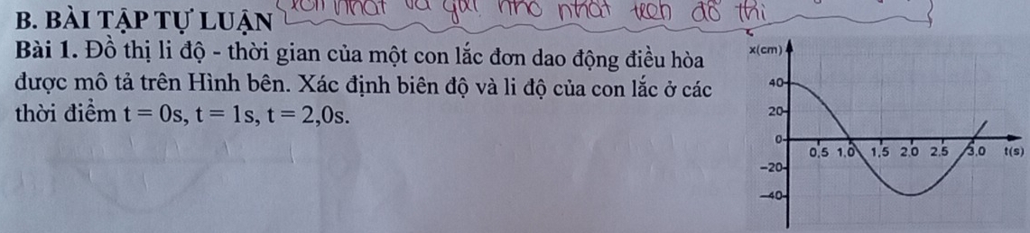 bài tập tự luận
Bài 1. Đồ thị li độ - thời gian của một con lắc đơn dao động điều hòa 
được mô tả trên Hình bên. Xác định biên độ và li độ của con lắc ở các
thời điểm t=0s,t=1s,t=2,0s.