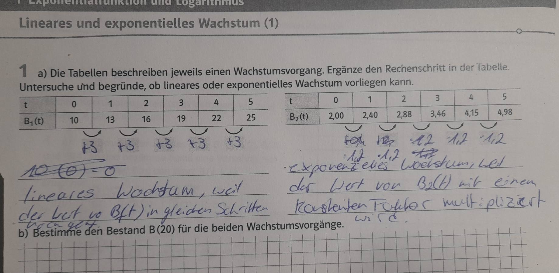 Lxponentlatrunktion und Loganthmus
Lineares und exponentielles Wachstum (1)
1 a) Die Tabellen beschreiben jeweils einen Wachstumsvorgang. Ergänze den Rechenschritt in der Tabelle.
Untersuche und begründe, ob lineares oder exponentielles Wachstum vorliegen kann.
b) Bestimme den Bestand B(20) für die beiden Wachstumsvorgänge.