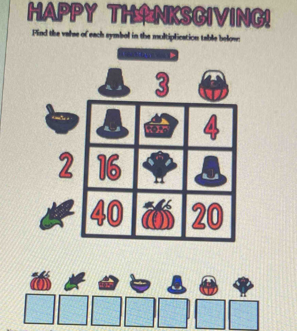 HAPPY THANKSGIVING! 
Find the valse of each symbol in the multiplication table below: