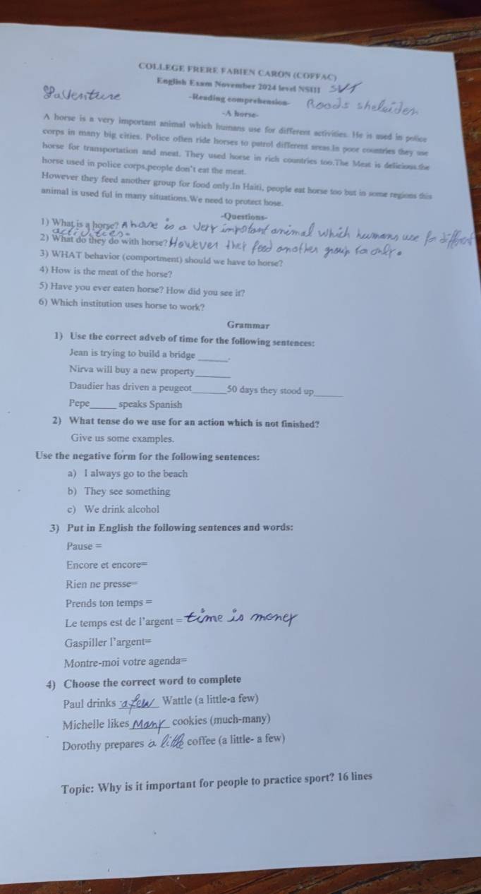 COLLEGE FRERE FABIEN CARÓN (COFFAC) 
English Exam November 2024 level NSIII 
-Reading comprehension- 
-A horse 
A horse is a very important animal which humans use for different activities. He is used in police 
corps in many big cities. Police often ride horses to patrol different sreas.In poor countries they use 
horse for transportation and meat. They used horse in rich countries too.The Mest is delicious.the 
horse used in police corps,people don't eat the meat. 
However they feed another group for food only.In Haiti, people eat horse too but in some regions this 
animal is used ful in many situations.We need to protect bose. 
-Questions 
1) What is a horse? 
2) What do they do with horse 
3) WHAT behavior (comportment) should we have to horse? 
4) How is the meat of the horse? 
5) Have you ever eaten horse? How did you see it? 
6) Which institution uses horse to work? 
Grammar 
1) Use the correct adveb of time for the following sentences: 
Jean is trying to build a bridge 
Nirva will buy a new property 
_ 
Daudier has driven a peugeot 50 days they stood up_ 
Pepe_ speaks Spanish 
2) What tense do we use for an action which is not finished? 
Give us some examples. 
Use the negative form for the following sentences: 
a) I always go to the beach 
b) They see something 
c) We drink alcohol 
3) Put in English the following sentences and words: 
Pause = 
ncore et encore= 
Rien ne presse= 
Prends ton temps = 
Le temps est de l’argent = 
Gaspiller l’argent= 
Montre-moi votre agenda=- 
4) Choose the correct word to complete 
Paul drinks _Wattle (a little-a few) 
Michelle likes cookies (much-many) 
Dorothy prepares a coffee (a little- a few) 
Topic: Why is it important for people to practice sport? 16 lines