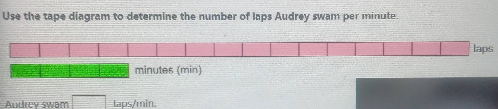 Use the tape diagram to determine the number of laps Audrey swam per minute. 
laps
minutes (min) 
Audrey swam □ laps/min.