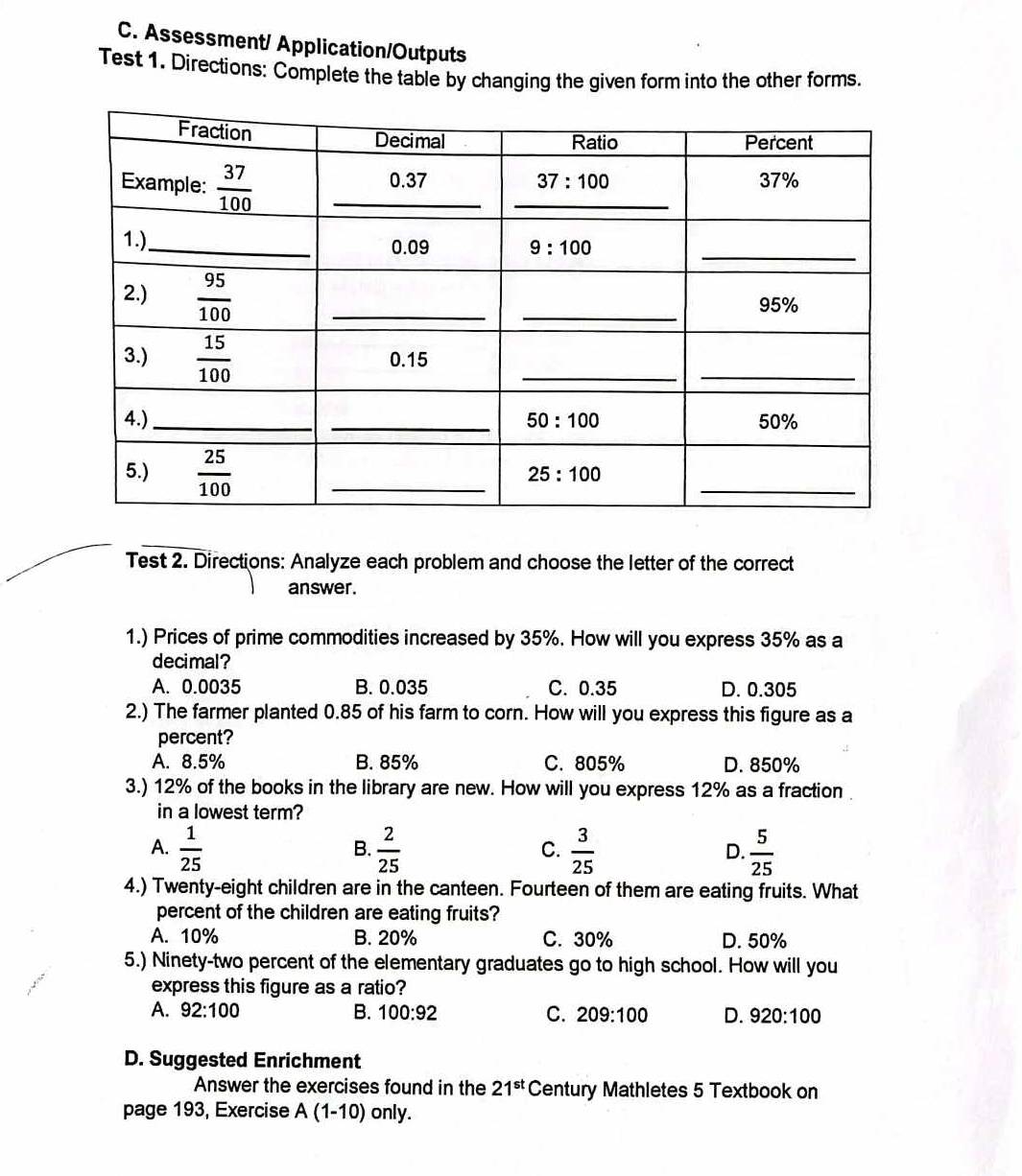 Assessment/ Application/Outputs
Test 1. Directions: Complete the table by changing the given form into the other forms.
Test 2. Directions: Analyze each problem and choose the letter of the correct
answer.
1.) Prices of prime commodities increased by 35%. How will you express 35% as a
decimal?
A. 0.0035 B. 0.035 C. 0.35 D. 0.305
2.) The farmer planted 0.85 of his farm to corn. How will you express this figure as a
percent?
A. 8.5% B. 85% C. 805% D. 850%
3.) 12% of the books in the library are new. How will you express 12% as a fraction
in a lowest term?
A.  1/25   2/25   3/25  D.  5/25 
B.
C.
4.) Twenty-eight children are in the canteen. Fourteen of them are eating fruits. What
percent of the children are eating fruits?
A. 10% B. 20% C. 30% D. 50%
5.) Ninety-two percent of the elementary graduates go to high school. How will you
express this figure as a ratio?
A. 92:100 B. 100:92 C. 209:100 D. 920:100
D. Suggested Enrichment
Answer the exercises found in the 21^(st)C Century Mathletes 5 Textbook on
page 193, Exercise A (1-10) only.