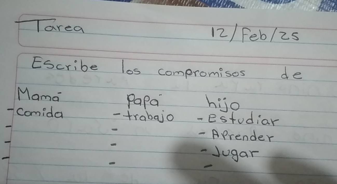 Tarea 12/ Feb/2s 
EScribe los compromisos 
de 
Mama hijo 
Papa 
comida - trabajo -estodiar 
- Aprender 
a 
- Jugar 
o