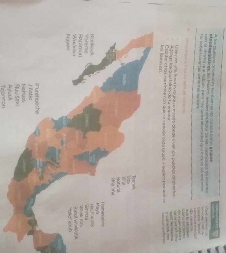 PENSAMIENTIO 
A los puebios originarios también se les conoce como grupos camco 
etnolingüísticos. En México, existen alrededor de 68, clasificados de acuerdo 
con el idioma que hablan, pero hay tanta diversidad que incluso los expertos ¿Qué piensas de quienes usan la 
no saben cuántas variantes existen. 
palabra ''îndio'' 
coma un insulto? 
€Es correcto 
que lo empleen 
investiga y haz lo que se solicita. 
como sinânimo 
de ingenuidad e 
Une con una línea la región o estado donde viven los pueblos originarios. ignorancia? ¿Por 
Agrega los que faltan de tu entidad. 
quê? Reflexiona 
y comenta con 
Escribe otros nombres con que se conoce cada grupo y explica por qué se tus compañeros. 
les ilama así. 
Tzjonnon