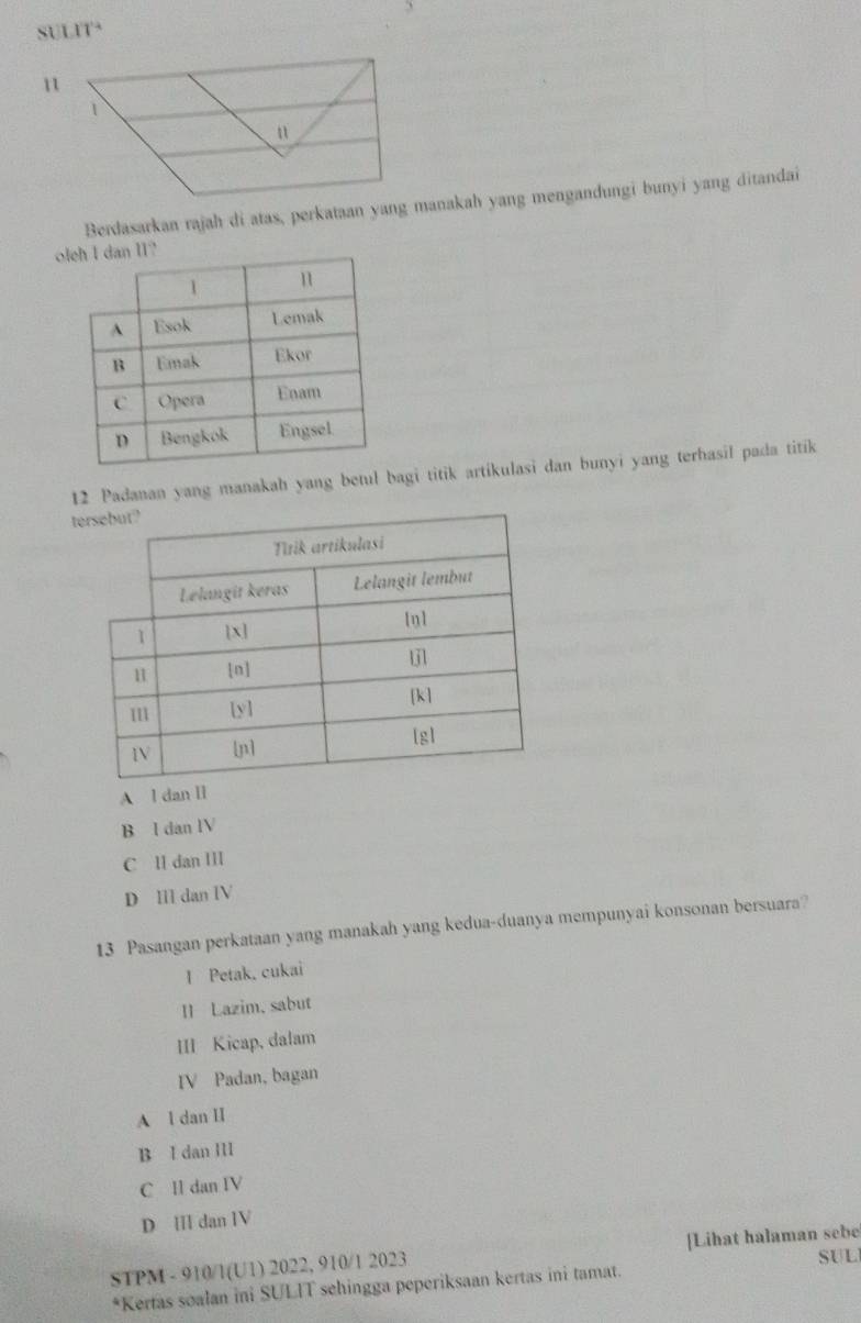 SULIT
Berdasarkan rajah di atas, perkataan yang manakah yang mengandungi bunyi yang ditandai
o
12 Padanan yang manakah yang betul bagi titik artikulasi dan bunyi yang terhasil pada titik
t
A l dan I
B I dan lV
C ll dan ⅢII
D Ⅲ dan IV
13 Pasangan perkataan yang manakah yang kedua-duanya mempunyai konsonan bersuara?
I Petak, cukai
II Lazim, sabut
III Kicap, dalam
IV Padan, bagan
A l dan II
B I dan III
C ll dan IV
D Ⅲ dan IV
SUL
STPM - 910/1(U1) 2022, 910/1 2023 [Lihat halaman sebe
*Kertas soalan ini SULIT schingga peperiksaan kertas ini tamat.