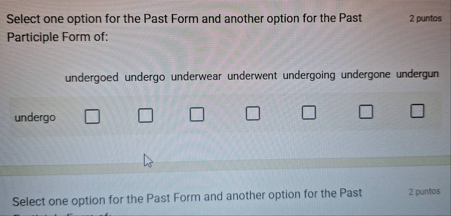 Select one option for the Past Form and another option for the Past 2 puntos
Participle Form of:
undergoed undergo underwear underwent undergoing undergone undergun
□ 
frac ^circ  
undergo □ □ □ □ □ 
Select one option for the Past Form and another option for the Past
2 puntos