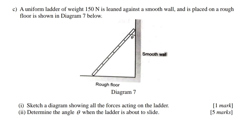 A uniform ladder of weight 150 N is leaned against a smooth wall, and is placed on a rough 
floor is shown in Diagram 7 below.
θ
Smooth wall 
Rough floor 
Diagram 7 
(i) Sketch a diagram showing all the forces acting on the ladder. [1 mark] 
(ii) Determine the angle θ when the ladder is about to slide. [5 marks]