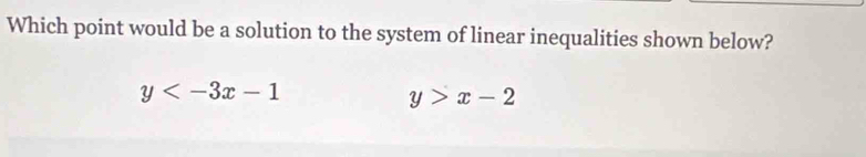 Which point would be a solution to the system of linear inequalities shown below?
y
y>x-2