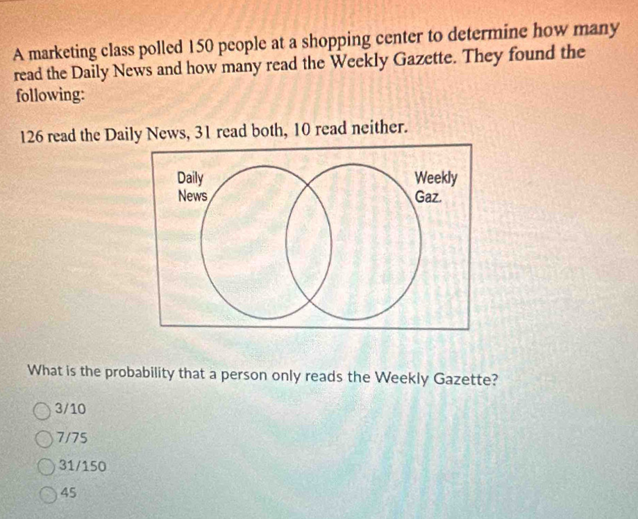 A marketing class polled 150 people at a shopping center to determine how many
read the Daily News and how many read the Weekly Gazette. They found the
following:
126 read the Daily News, 31 read both, 10 read neither.
What is the probability that a person only reads the Weekly Gazette?
3/10
7/75
31/150
45