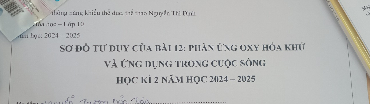 Mag 
thông năng khiếu thể dục, thể thao Nguyễn Thị Định < và 
hóa học - Lớp  10
ham học: 2024 - 2025 
Sơ đồ tư duy của bài 12: phản ứng oxy hóa khử 
và ứnG DụnG tROnG Cuộc sống 
hỌC KÌ 2 NăM HỌC 2024 - 2025 
_