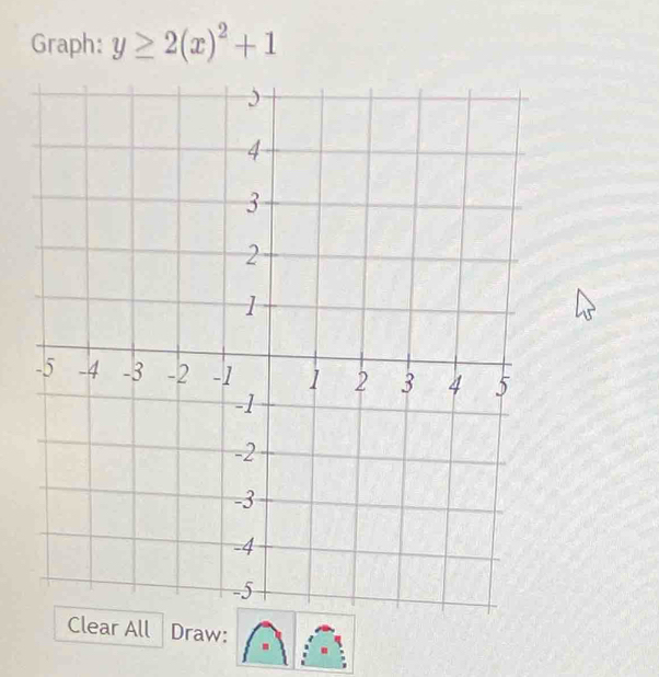 Graph: y≥ 2(x)^2+1
Clear All Draw: .