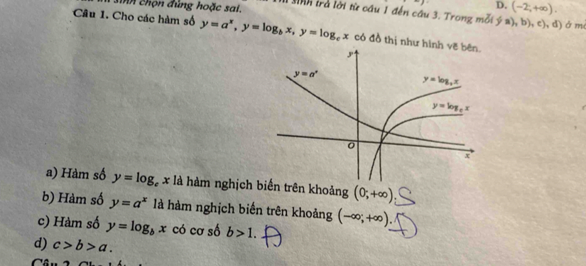 -) D. (-2;+∈fty ).
sinh chọn đúng hoặc sai. ll sinh trả lời từ cầu 1 đến cầu 3. Trong mỗi ý a), b), c), d) ở mô
Câu 1. Cho các hàm số y=a^x,y=log _bx,y=log _cx có đồ thị như hì
a) Hàm số y=log _cxla hàm nghịch iến trên khoảng (0;+∈fty )
b) Hàm số y=a^x là hàm nghịch biến trên khoảng (-∈fty ;+∈fty ).
c) Hàm số y=log _bx có cơ số b>1.
d) c>b>a.