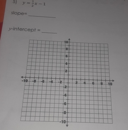 y= 1/2 x-1
_ 
slope= 
y-intercept =_