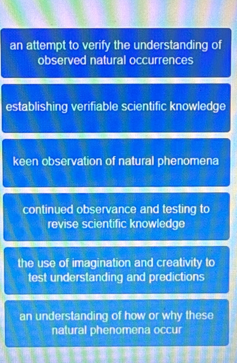 an attempt to verify the understanding of
observed natural occurrences
establishing verifiable scientific knowledge
keen observation of natural phenomena
continued observance and testing to
revise scientific knowledge
the use of imagination and creativity to
test understanding and predictions
an understanding of how or why these
natural phenomena occur