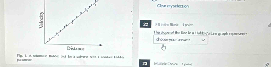 Clear my selection 
22 Fill in the Blank 1 point 
The slope of the line in a Hubble's Law graph represents 
choose your answer... 
Fig. 1. A schematic Hubble plot for a universe with a constant Hubble 
parameter. Multiple Choice 1 point 
23