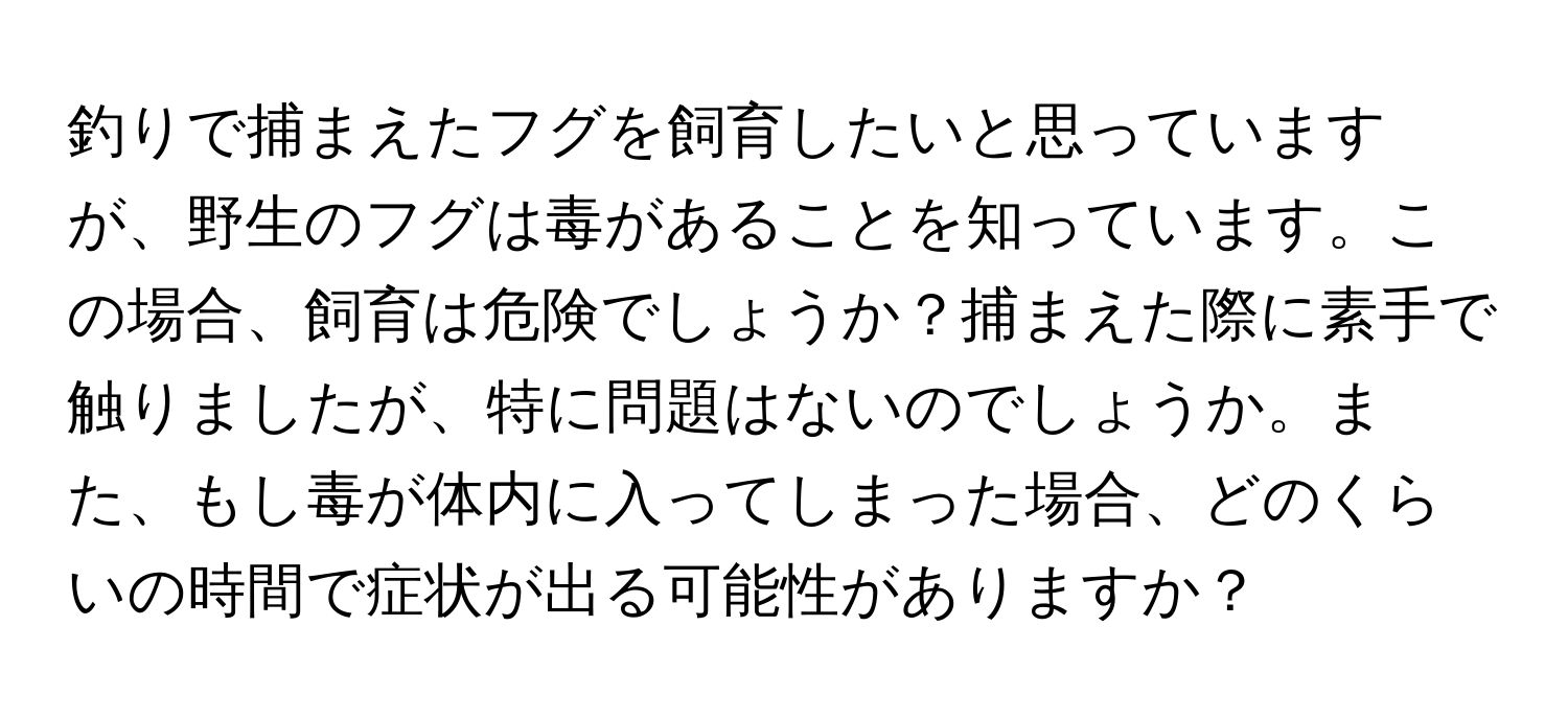 釣りで捕まえたフグを飼育したいと思っていますが、野生のフグは毒があることを知っています。この場合、飼育は危険でしょうか？捕まえた際に素手で触りましたが、特に問題はないのでしょうか。また、もし毒が体内に入ってしまった場合、どのくらいの時間で症状が出る可能性がありますか？