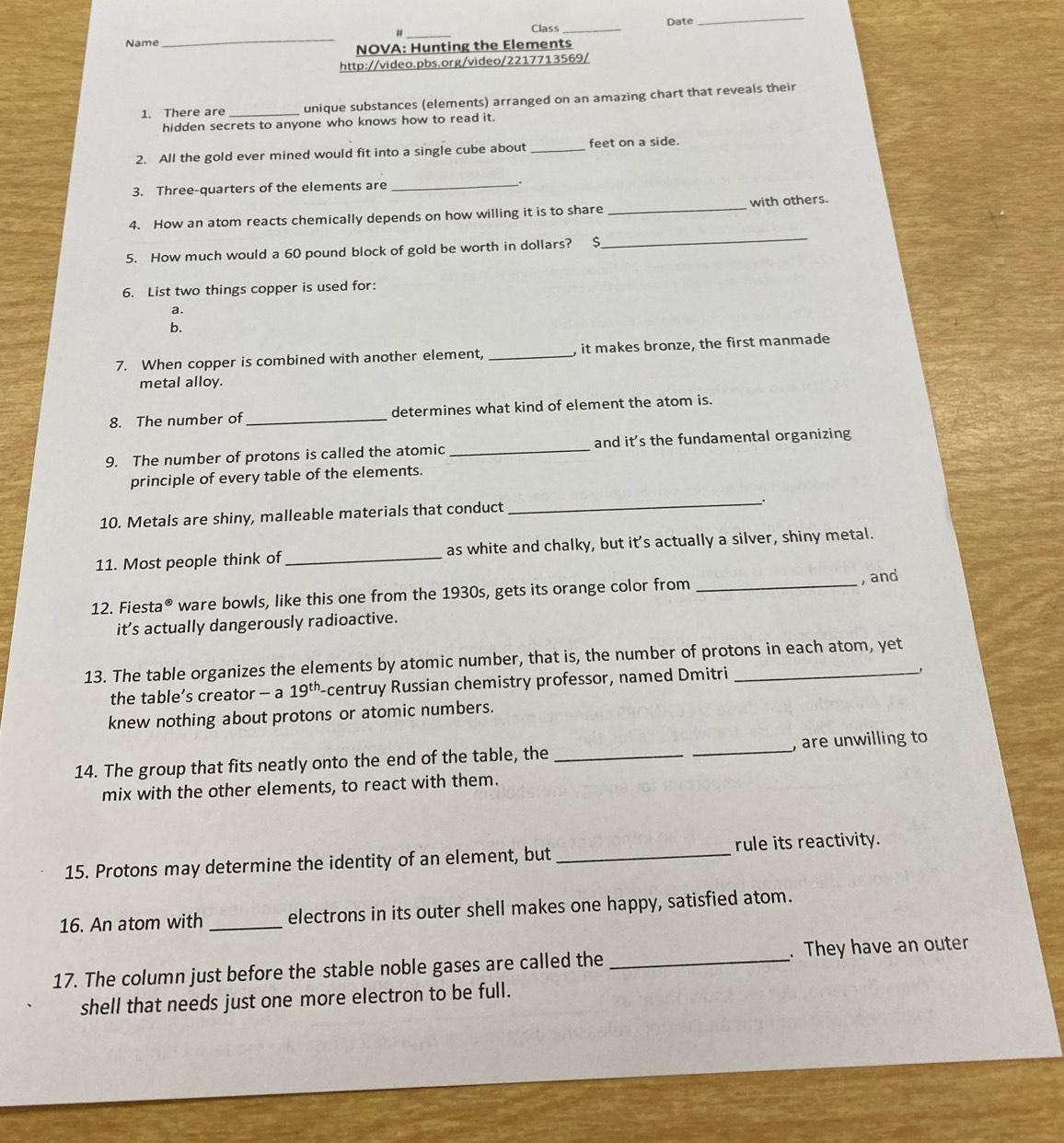 Date 
Class_ 
_ 
Name 
_ 
_ 
NOVA: Hunting the Elements 
http://video.pbs.org/video/2217713569/ 
1. There are _unique substances (elements) arranged on an amazing chart that reveals their 
hidden secrets to anyone who knows how to read it. 
2. All the gold ever mined would fit into a single cube about _feet on a side. 
3. Three-quarters of the elements are_ 
4. How an atom reacts chemically depends on how willing it is to share _with others. 
5. How much would a 60 pound block of gold be worth in dollars? $ 
_ 
6. List two things copper is used for: 
a. 
b. 
7. When copper is combined with another element, _, it makes bronze, the first manmade 
metal alloy. 
8. The number of _determines what kind of element the atom is. 
9. The number of protons is called the atomic _and it's the fundamental organizing 
principle of every table of the elements. 
10. Metals are shiny, malleable materials that conduct_ 
. 
11. Most people think of _as white and chalky, but it’s actually a silver, shiny metal. 
12. Fiesta® ware bowls, like this one from the 1930s, gets its orange color from_ 
, and 
it’s actually dangerously radioactive. 
13. The table organizes the elements by atomic number, that is, the number of protons in each atom, yet 
the table’s creator - a 19^(th). centruy Russian chemistry professor, named Dmitri 
knew nothing about protons or atomic numbers. 
14. The group that fits neatly onto the end of the table, the __, are unwilling to 
mix with the other elements, to react with them. 
15. Protons may determine the identity of an element, but _rule its reactivity. 
16. An atom with _electrons in its outer shell makes one happy, satisfied atom. 
17. The column just before the stable noble gases are called the _. They have an outer 
shell that needs just one more electron to be full.