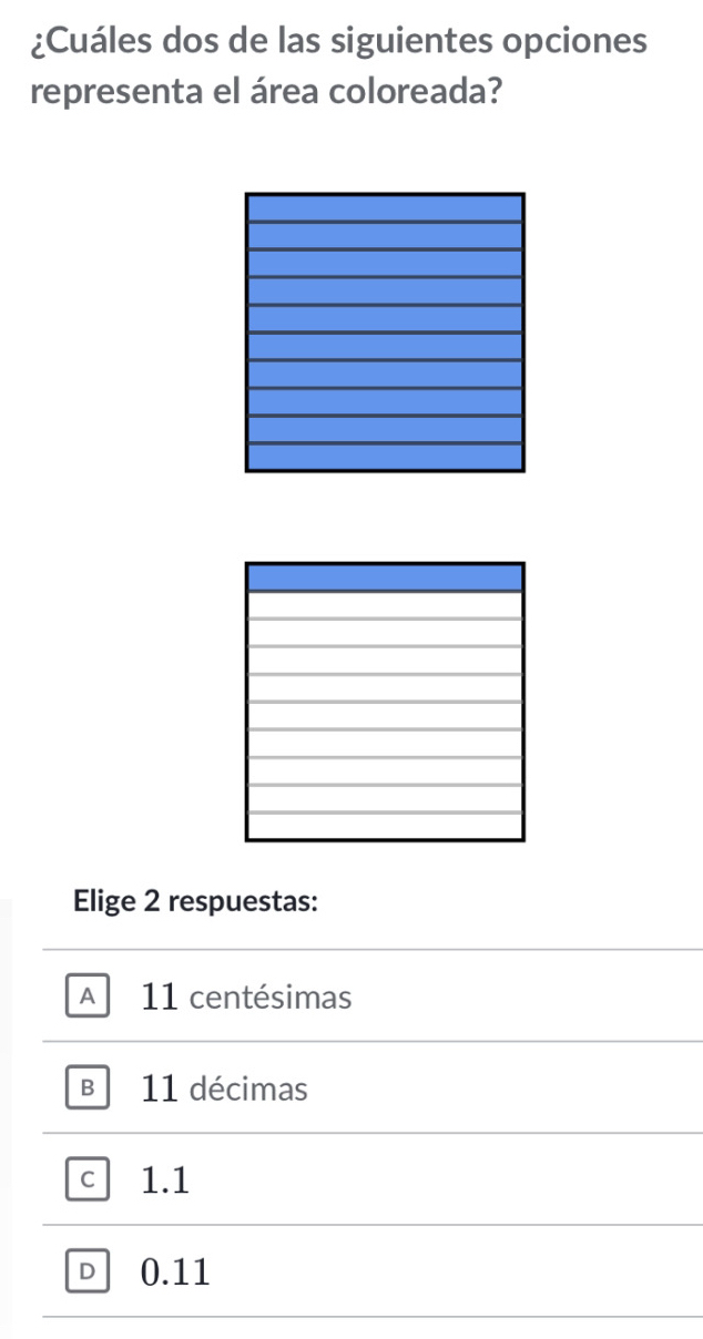 ¿Cuáles dos de las siguientes opciones
representa el área coloreada?
Elige 2 respuestas:
A 11 centésimas
B11 décimas
c 1.1
D 0.11