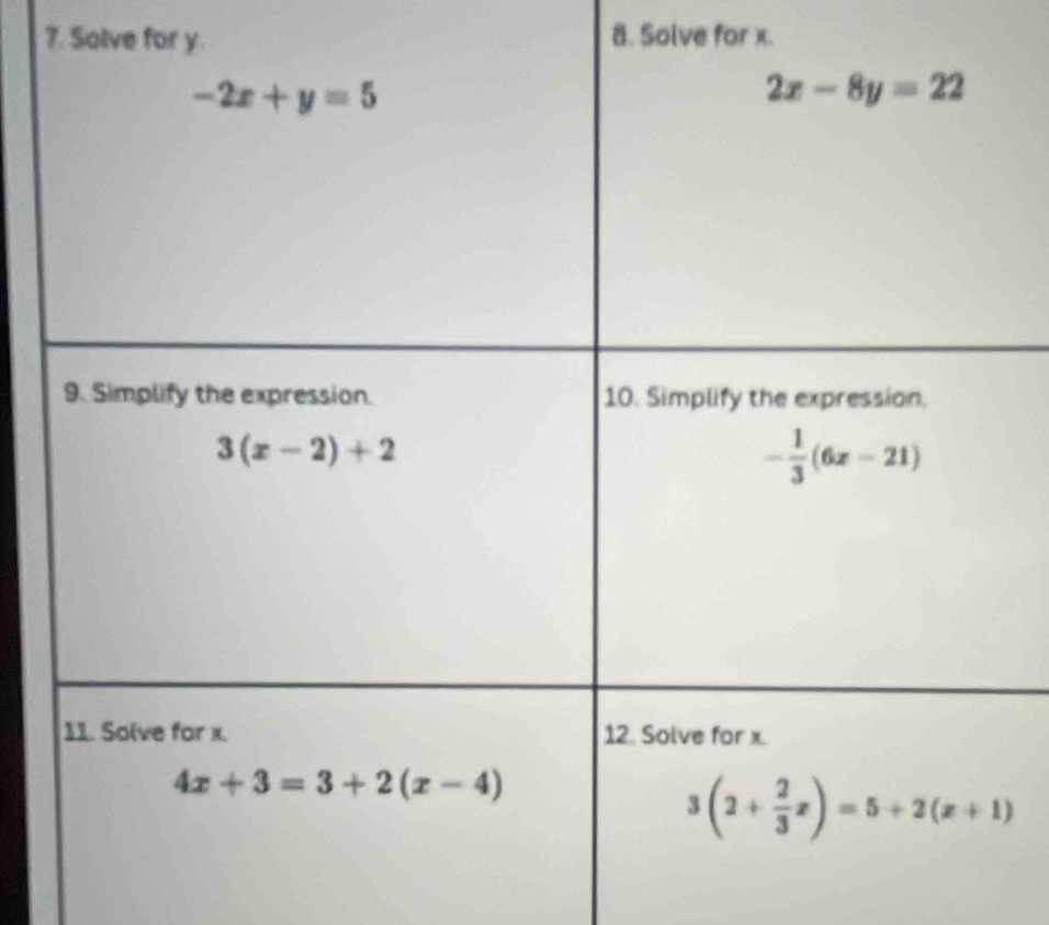 Solve for y. 8. Solve for x.