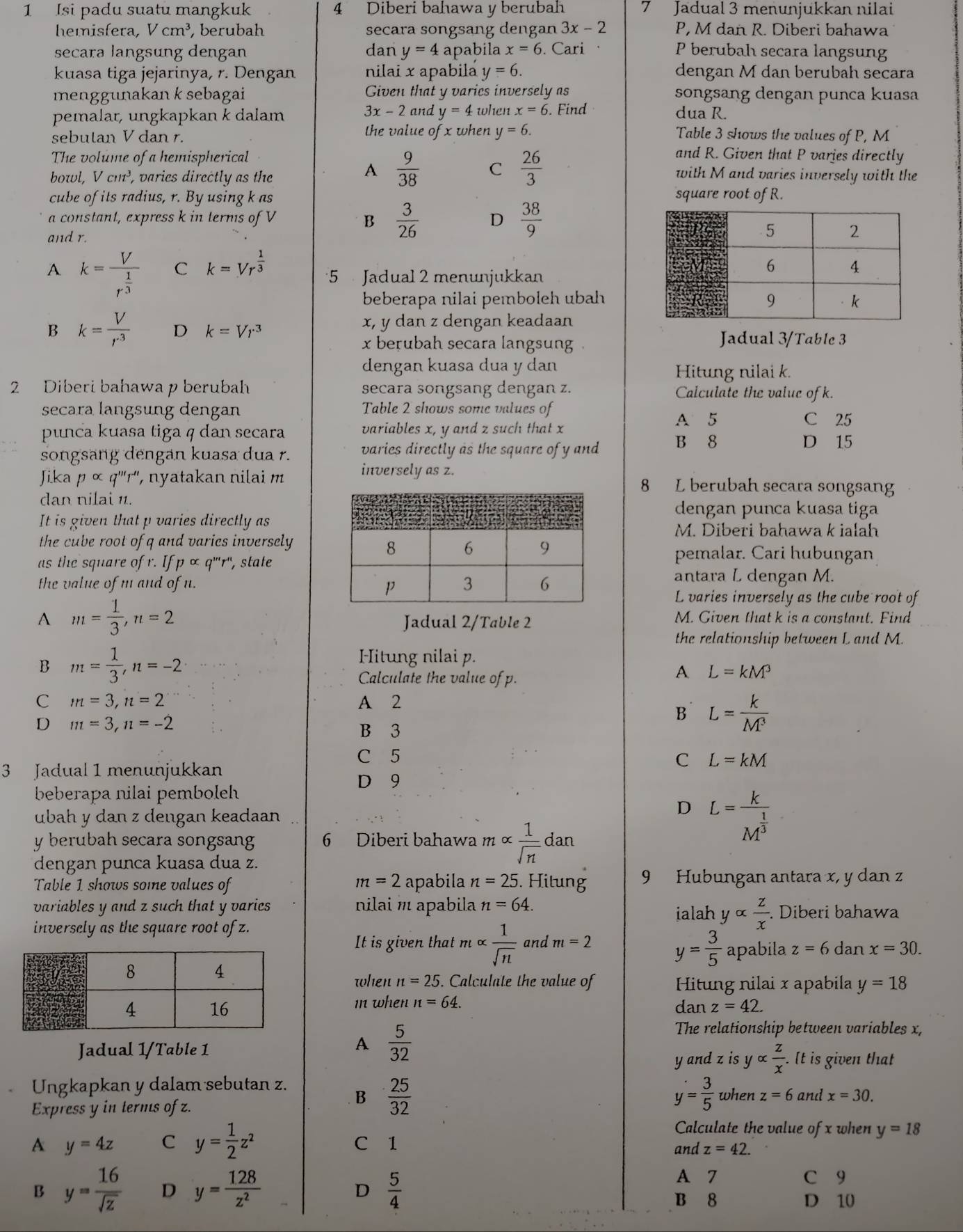 Isi padu suatu mangkuk 4 Diberi bahawa y berubah 7 Jadual 3 menunjukkan nilai
hemisfera, Vcm^3 , berubah secara songsang dengan 3x-2 P, M dan R. Diberi bahawa
secara langsung dengan dan y=4 apabila x=6. Cari P berubah secara langsung
kuasa tiga jejarinya, r. Dengan nilai x apabila y=6. dengan M dan berubah secara
menggunakan k sebagai Given that y varics inversely as songsang dengan punca kuasa
3x-2
pemalar, ungkapkan k dalam and y=4 when x=6. Find dua R.
sebutan V dan r.
the value of x when y=6. Table 3 shows the values of P, M
The volume of a hemispherical
and R. Given that P varies directly
bowl, Vcm^3 , varies directly as the
A  9/38  C  26/3  with M and varies inversely with the
cube of its radius, r. By using k as square root of R.
a constant, express k in terms of V B  3/26  D  38/9 
and r.
A k=frac Vr^(frac 1)3 C k=Vr^(frac 1)3 5 Jadual 2 menunjukkan
beberapa nilai pemboleh ubah
B k= V/r^3  D k=Vr^3 x, y dan z dengan keadaan
x berubah secara langsung . Jadual 3/Table 3
dengan kuasa dua y dan Hitung nilai k.
2 Diberi bahawa p berubah secara songsang dengan z. Calculate the value of k.
secara langsung dengan Table 2 shows some values of
A 5 C 25
punca kuasa tiga q dan secara variables x, y and z such that x
songsang dengan kuasa dua r. varies directly as the square of y and
B 8 D 15
inversely as z.
Jika palpha q^(m''r'') , nyatakan nilai m 8 L berubah secara songsang
dan nilai 1.dengan punca kuasa tiga
It is given that p varies directly as
M. Diberi bahawa k ialah
the cube root of q and varies inversely 
as the square of r. If p ∝ q'''r'', state
pemalar. Cari hubungan
the value of m and of n. 
antara L dengan M.
A m= 1/3 ,n=2
L varies inversely as the cube root of
Jadual 2/Table 2 M. Given that k is a constant. Find
the relationship between L and M.
B m= 1/3 ,n=-2
Hitung nilai p.
Calculate the value of p.
A L=kM^3
C m=3,n=2 A 2
D m=3,n=-2
B L= k/M^3 
B 3
C 5 C L=kM
3 Jadual 1 menunjukkan
D 9
beberapa nilai pemboleh
ubah y dan z dengan keadaan
D L=frac kM^(frac 1)3
y berubah secara songsang 6 Diberi bahawa malpha  1/sqrt(n) dan
dengan punca kuasa dua z.
Table 1 shows some values of m=2 apabila n=25. Hitung 9 Hubungan antara x, y dan z
variables y and z such that y varies nilai m apabila n=64.
inversely as the square root of z. ialah yalpha  z/x . Diberi bahawa
y= 3/5 
It is given that malpha  1/sqrt(n)  and m=2 apabila z=6 dan x=30.
when n=25 5. Calculate the value of Hitung nilai x apabila y=18
m when n=64. dan z=42.
A  5/32 
The relationship between variables x,
Jadual 1/Table 1 [t is given that
y andz is y α  z/x 
Ungkapkan y dalam sebutan z. and x=30.
Express y in terms of z.
B  25/32 
y= 3/5  when z=6
Calculate the value of x when y=18
A y=4z C y= 1/2 z^2 C 1 and z=42.
B y= 16/sqrt(z)  D y= 128/z^2   5/4  A 7
C 9
D
B 8 D 10