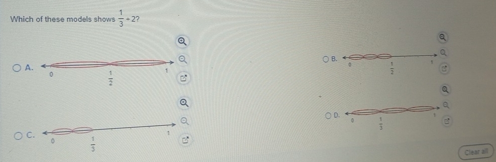 Which of these models shows  1/3 +2 2
B.
A.
0  1/2  1
0
 1/2  1
D.
C
Clear all