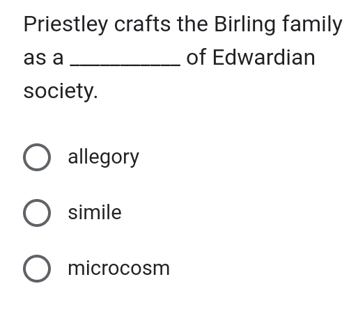 Priestley crafts the Birling family
as a _of Edwardian
society.
allegory
simile
microcosm