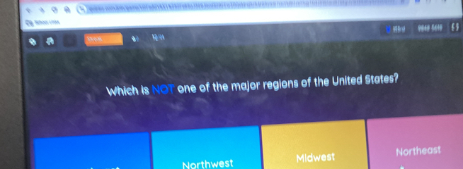 Lñool Lñas
9848 5610
Which is NOT one of the major regions of the United States?
Northwest Midwest Northeast