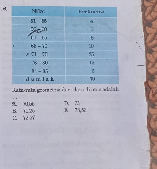 16
..
A 70,55 D. 73
B. 71,25 E. 73,53
C. 72,57