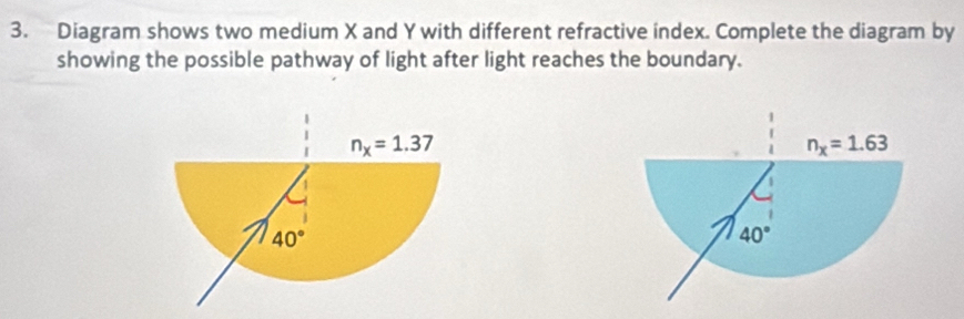 Diagram shows two medium X and Y with different refractive index. Complete the diagram by
showing the possible pathway of light after light reaches the boundary.