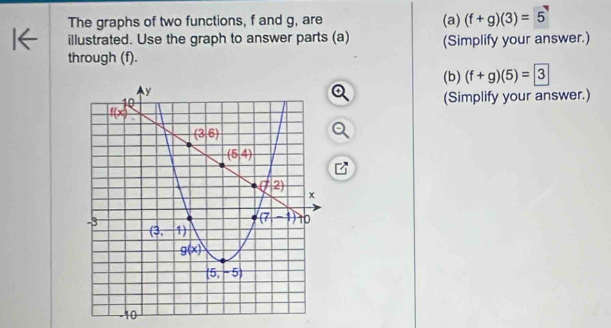 The graphs of two functions, f and g, are (a) (f+g)(3)=5
illustrated. Use the graph to answer parts (a) (Simplify your answer.)
through (f).
(b) (f+g)(5)=3
(Simplify your answer.)
10