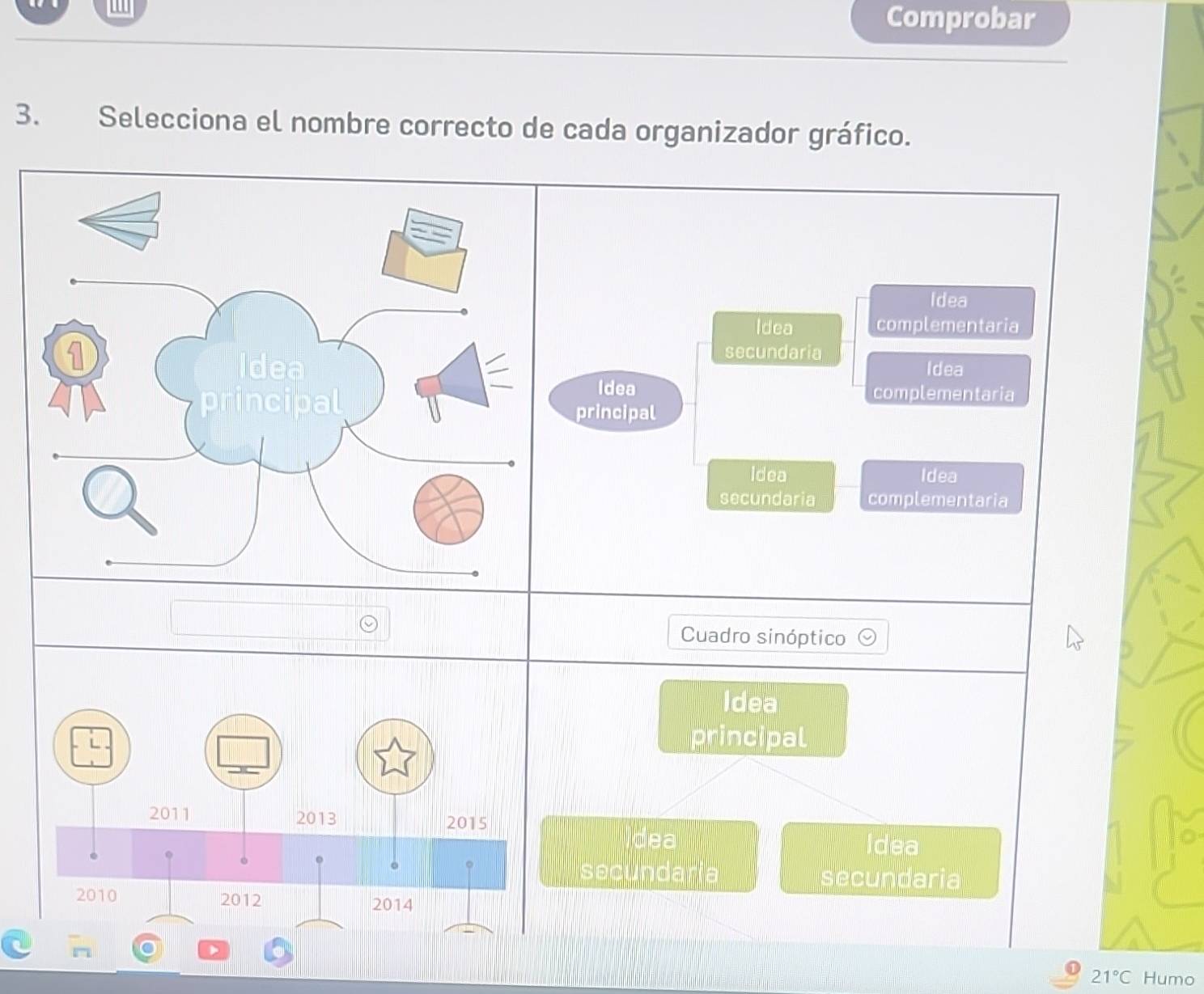 Comprobar 
3. Selecciona el nombre correcto de cada organizador gráfico. 
Idea 
Idea complementaria 
secundaria 
Idea 
Idea complementaria 
principal 
Idea Idea 
secundaria complementaria 
Cuadro sinóptico odot 
Idea 
principal 
dea 
Idea 
SECL indaria secundaria
21°C Humo