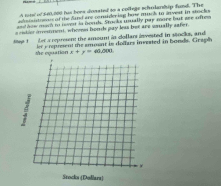 Name_ 
A total of $40,000 has been donated to a college scholarship fund. The 
administrators of the fund are considering how much to invest in stocks 
and how much to invest in bonds. Stocks usually pay more but are often 
a riskier investment, whereas bonds pay less but are usually safer. 
Step 1 Let x represent the amount in dollars invested in stocks, and 
let y represent the amount in dollars invested in bonds. Graph 
the equation x+y=40,000.