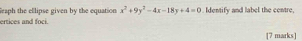 Seaph the ellipse given by the equation x^2+9y^2-4x-18y+4=0
ertices and foci. . Identify and label the centre, 
[7 marks]