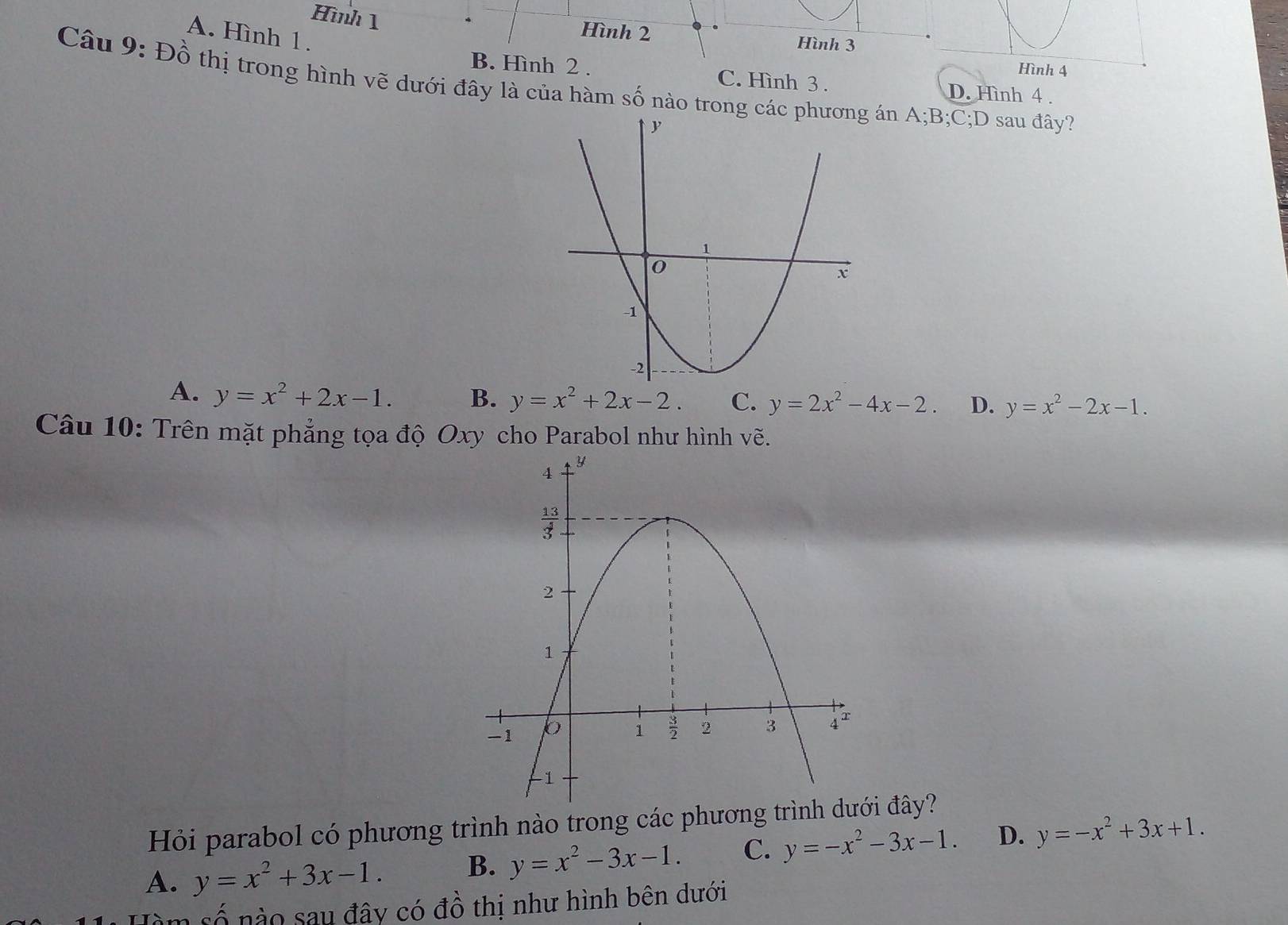 Hình 1
A. Hình 1.
Hình 2 Hình 3
Hình 4
B. Hình 2 . C. Hình 3 .
Câu 9: Đồ thị trong hình vẽ dưới đây là của hàm số nào tron án A;B;C;D sau đây?
D. Hình 4 .
A. y=x^2+2x-1. B. y=x^2+2x-2. C. y=2x^2-4x-2. D. y=x^2-2x-1.
Câu 10: Trên mặt phẳng tọa độ Oxy cho Parabol như hình vẽ.
Hỏi parabol có phương trình nào trong các phươni đây?
A. y=x^2+3x-1. B. y=x^2-3x-1. C. y=-x^2-3x-1. D. y=-x^2+3x+1.
m số nào sau đây có đồ thị như hình bên dưới