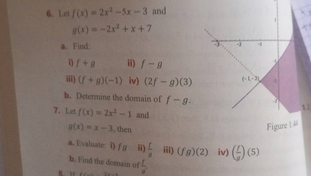 Let f(x)=2x^2-5x-3 and 
1
g(x)=-2x^2+x+7
a. Find:
-3 -2 -1
i) f+g ii) f-g
- 
iii) (f+g)(-1) iv) (2f-g)(3)
(-1,-2) 2 
b. Determine the domain of f-g.
-3
12 
7.Let f(x)=2x^2-1 and
g(x)=x-3 , then 
Figure 1.44 
a. Evaluate: i) fg ii)  f/g  iii) (fg)(2) iv) ( f/g )(5)
b. Find the domain of  f/g . 
8. Tr f(_ ) 2x-3