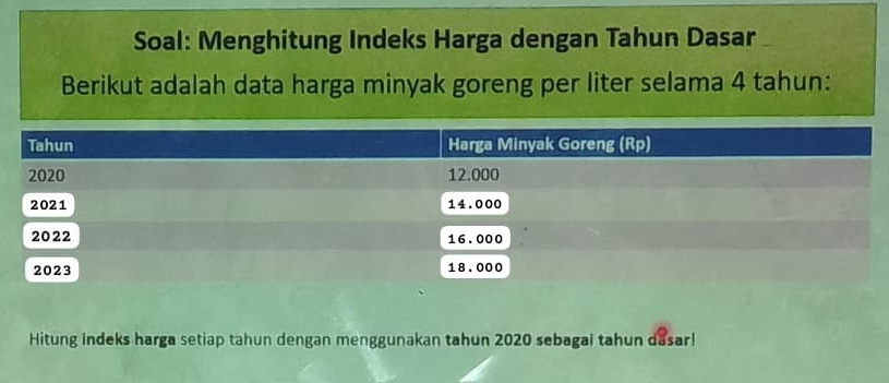 Soal: Menghitung Indeks Harga dengan Tahun Dasar 
Berikut adalah data harga minyak goreng per liter selama 4 tahun: 
Hitung indeks harga setiap tahun dengan menggunakan tahun 2020 sebagai tahun dasar!