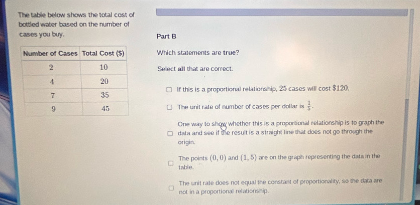 The table below shows the total cost of
bottled water based on the number of
cases you buy. Part B
Which statements are true?
Select all that are correct.
If this is a proportional relationship, 25 cases will cost $120.
The unit rate of number of cases per dollar is  1/5 .
One way to show whether this is a proportional relationship is to graph the
data and see if the result is a straight line that does not go through the
origin.
The points (0,0) and (1,5) are on the graph representing the data in the
table.
The unit rate does not equal the constant of proportionality, so the data are
not in a proportional relationship.