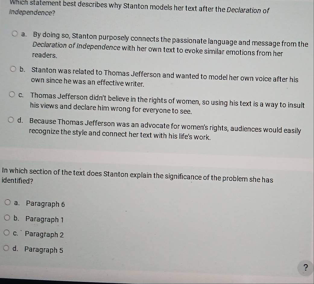 Solved: Which statement best describes why Stanton models her text ...