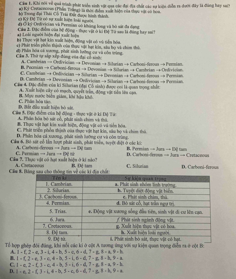 Khi nói về quá trình phát triển sinh vật qua các đại địa chất các sự kiện diễn ra dưới đây là đúng hay sai?
a) Kỷ Cretacecous (Phần Trắng) là thời điểm xuất hiện của thực vật có hoa.
b) Trong đại Thái Cổ Trái Đất được hình thành.
c) Kỷ Đệ Tứ có sự xuất hiện loài người.
d) Ở kỷ Ordivician và Permian có khủng long và bò sát đa dạng
Câu 2. Đặc điểm của hệ động - thực vật ở ki Đệ Tứ sau là đúng hay sai?
a) Loài người hiện đại xuất hiện
b) Thực vật hạt kín xuất hiện, động vật có vú tiến hóa.
c) Phát triển phồn thịnh của thực vật hạt kín, sâu bọ và chim thú.
d) Phân hóa cá xương, phát sinh lưỡng cư và côn trùng.
Câu 3. Thứ tự sắp xếp đúng của đại cổ sinh:
A. Cambrian → Ordivician → Devonian → Silurian → Carboni-ferous → Permian.
B. Pecmian → Carboni-ferous → Devonian → Silurian → Cambrian →Ordivician.
C. Cambrian → Ordivician → Silurian → Devonian → Carboni-ferous → Permian.
D. Cambrian → Devonian → Ordivician → Silurian → Carboni-ferous → Permian.
Câu 4. Đặc điểm của kỉ Silurian (đại Cổ sinh) được coi là quan trọng nhất:
A. Xuất hiện cây có mạch, quyết trần, động vật tiến lên cạn.
B. Mực nước biến giảm, khí hậu khô.
C. Phân hóa tảo.
D. Bắt đầu xuất hiện bò sát.
Câu 5. Đặc điểm của hệ động - thực vật ở kỉ Đệ Tứ:
A. Phân hóa bỏ sát cổ, phát sinh chim và thú.
B. Thực vật hạt kín xuất hiện, động vật có vú tiến hóa.
C. Phát triển phồn thịnh của thực vật hạt kín, sâu bọ và chim thú.
D. Phân hóa cá xương, phát sinh lưỡng cư và côn trùng.
Câu 6. Bò sát cổ lần lượt phát sinh, phát triển, tuyệt diệt ở các ki:
A. Carboni-ferous → Jura → Đệ tam  B. Permian → Jura → Đệ tam
C. Permian → Jura → Đệ tứ D. Carboni-ferous → Jura →  Cretaceous
Câu 7. Thực vật có hạt xuất hiện ở kỉ nào?
A. Cretaceous B. Đệ tam C. Silurian D. Carboni-ferous
Câu 8. Bảng sau cho thông tin về các kĩ địa chất:
Tổ hợp ghép đôi đúng, khi nối các kỉ ở cột A tương ứng với sự kiện quan trọng diễn ra ở cột B:
A. 1 - f, 2 - e, 3 - i, 4 - b, 5 - c, 6 - d, 7 - g, 8 - a, 9 - h.
B. 1 - f, 2 - e, 3 - c, 4 - b, 5 - i, 6 - d, 7 - g, 8 - h, 9 - a.
C. 1 - e, 2 - f, 3 - c, 4 - b, 5 - i, 6 - d, 7 - g, 8 - a, 9 - h.
D. 1 - e, 2 - f, 3 - i, 4 - b, 5 - c, 6 - d, 7 - g, 8 - h, 9 - a.
