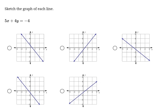 Sketch the graph of each line.
5x+4y=-4