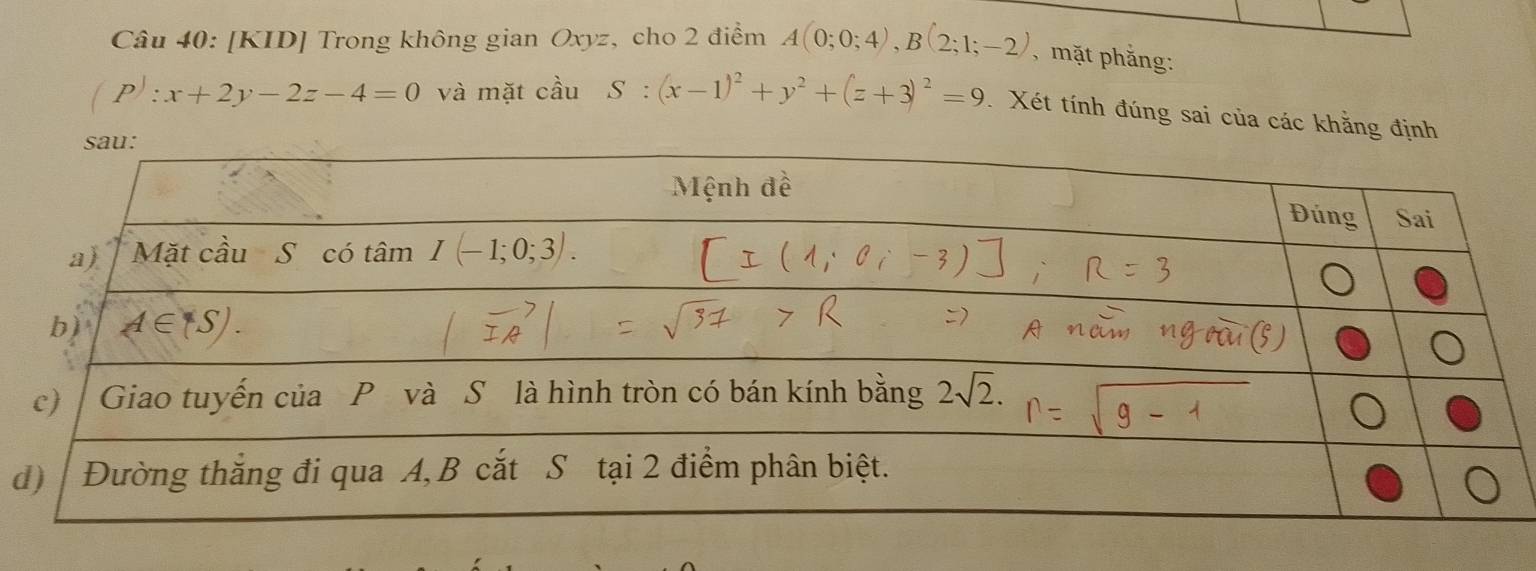 [KID] Trong không gian Oxyz, cho 2 điểm A(0;0;4),B(2;1;-2) , mặt phắng:
(P:x+2y-2z-4=0 và mặt cầu S:(x-1)^2+y^2+(z+3)^2=9 Xét tính đúng sai của các khằng định
d