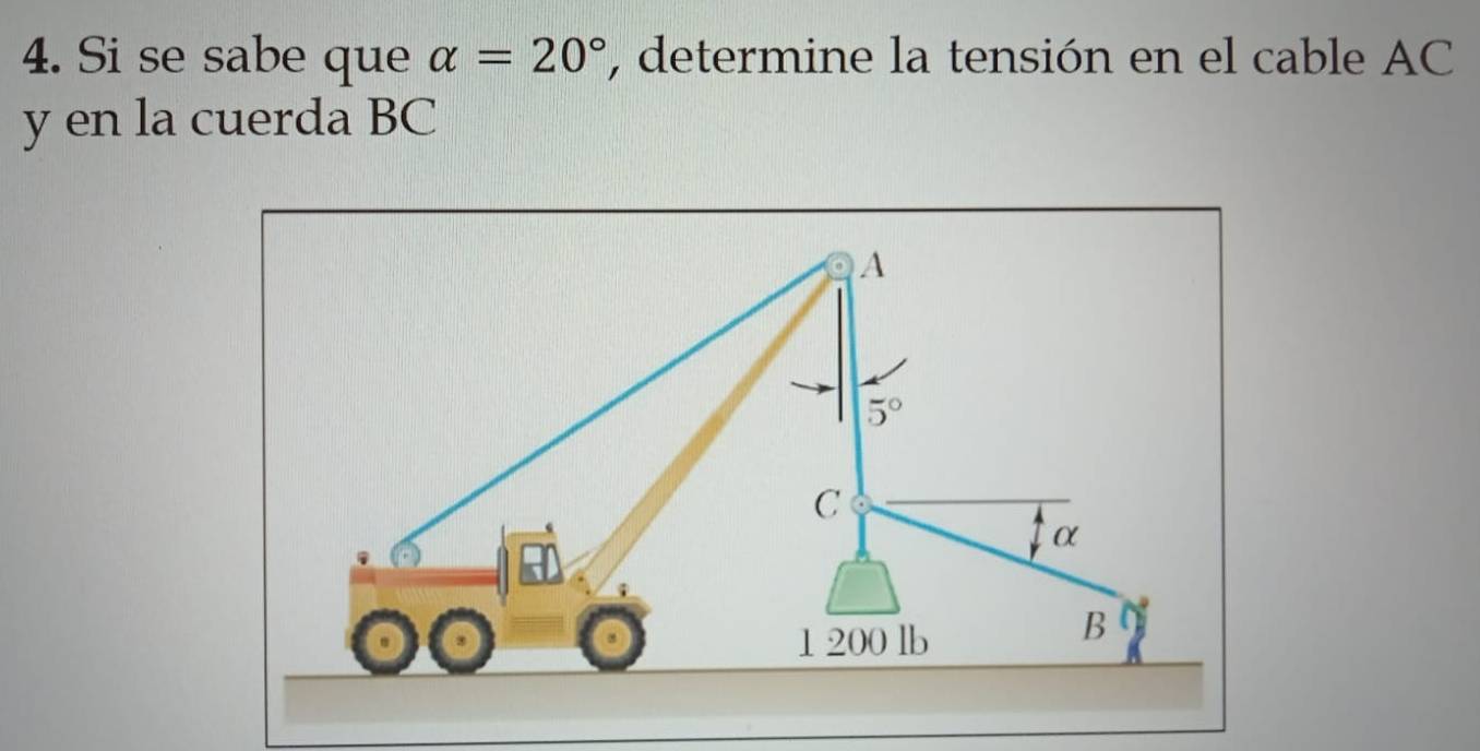 Si se sabe que alpha =20° , determine la tensión en el cable AC
y en la cuerda BC